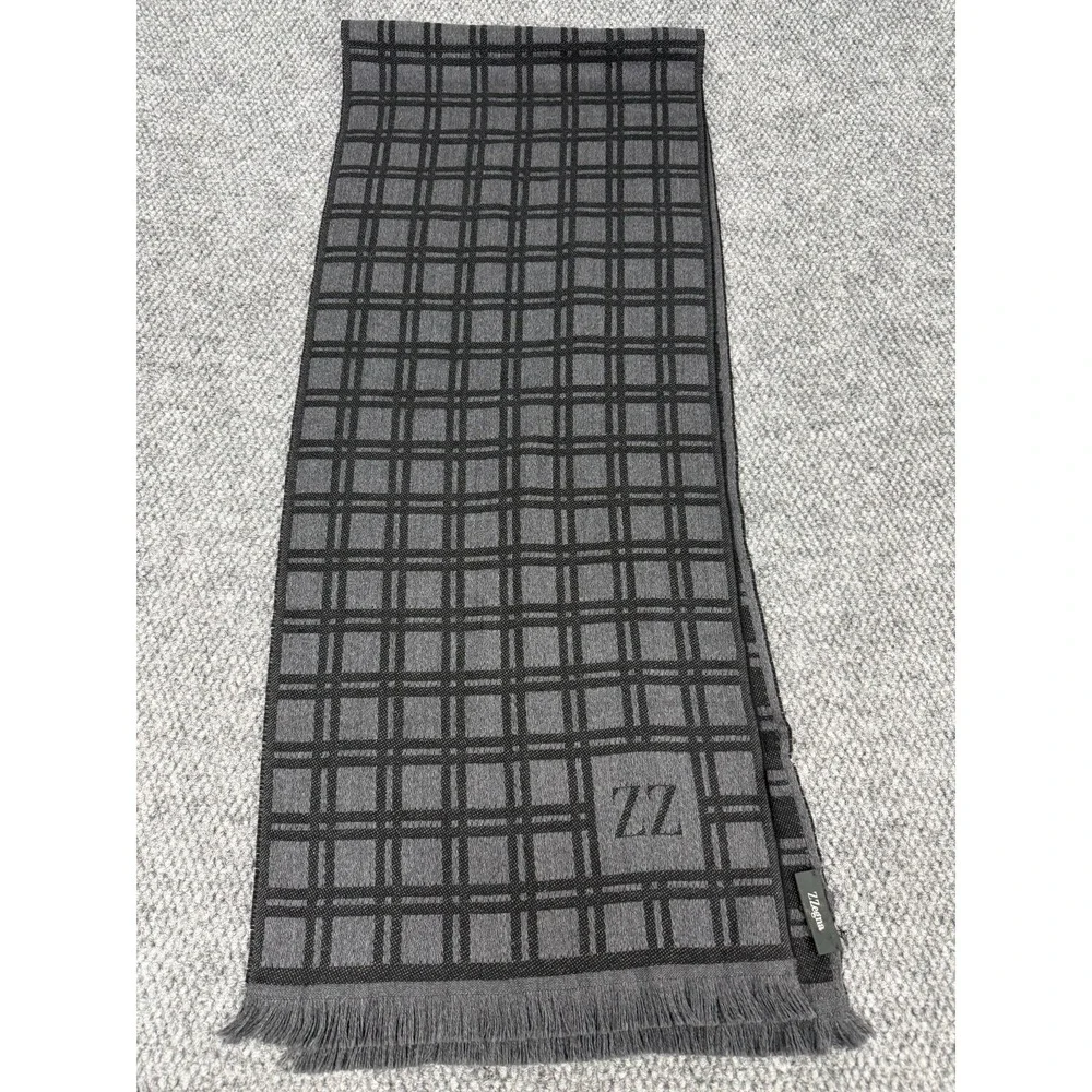 Z Zegna 100% Wool Scarf Wrap Men's Gray Black Plaid Fringe Edge Italy